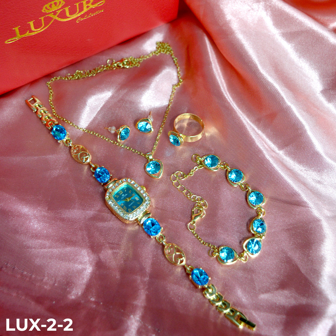 LUJOSO KIT DE RELOJ, PULSERA, ANILLO, ARETES Y COLLAR