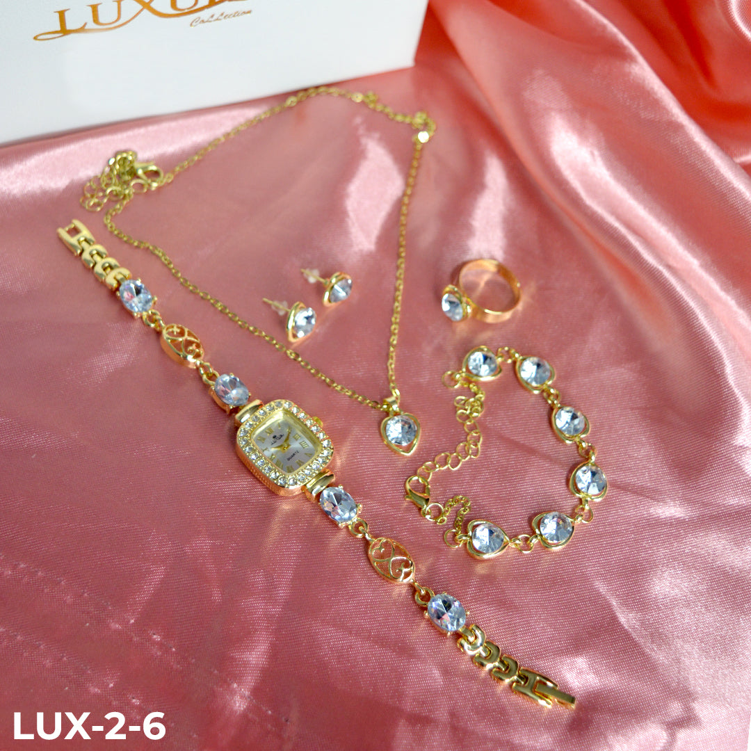 LUJOSO KIT DE RELOJ, PULSERA, ANILLO, ARETES Y COLLAR