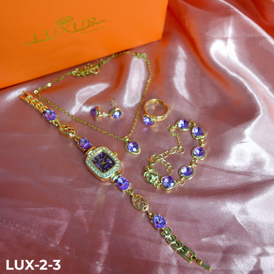 LUJOSO KIT DE RELOJ, PULSERA, ANILLO, ARETES Y COLLAR