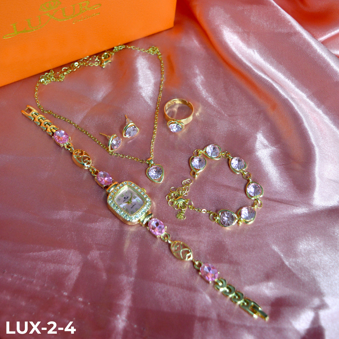 LUJOSO KIT DE RELOJ, PULSERA, ANILLO, ARETES Y COLLAR