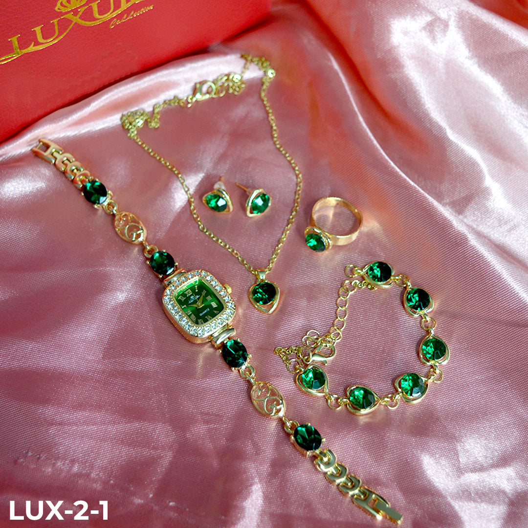 LUJOSO KIT DE RELOJ, PULSERA, ANILLO, ARETES Y COLLAR