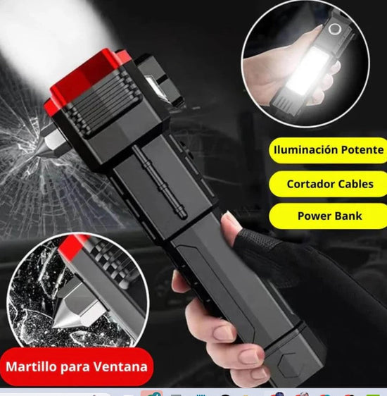 🔦 LINTERNA LED RECARGABLE DE LARGO ALCANCE Y MARTILLO EMERGENCIA 🔨